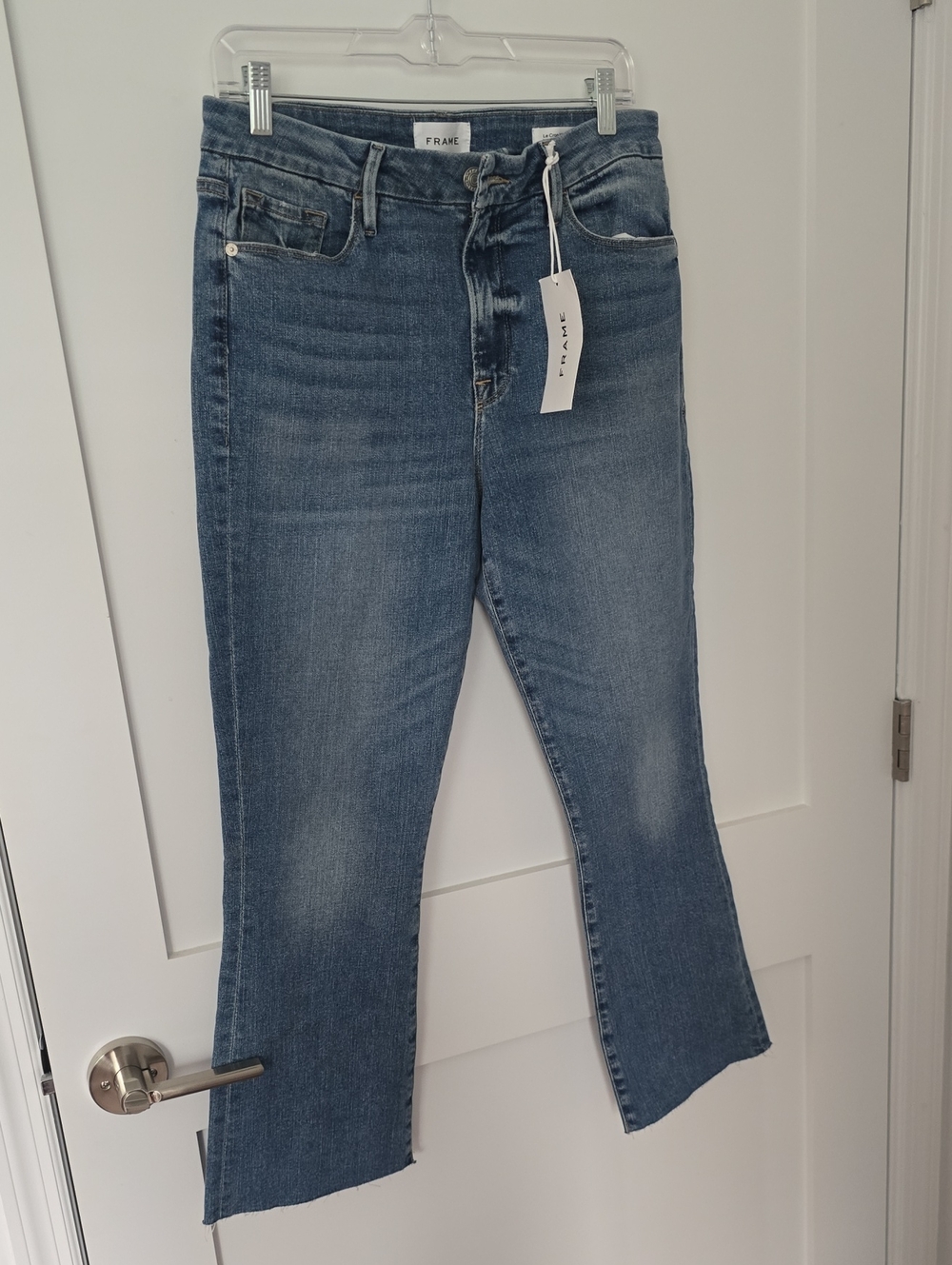Frame Denim Flare Jeans in Medium Blue Wash Crop Mini Boot